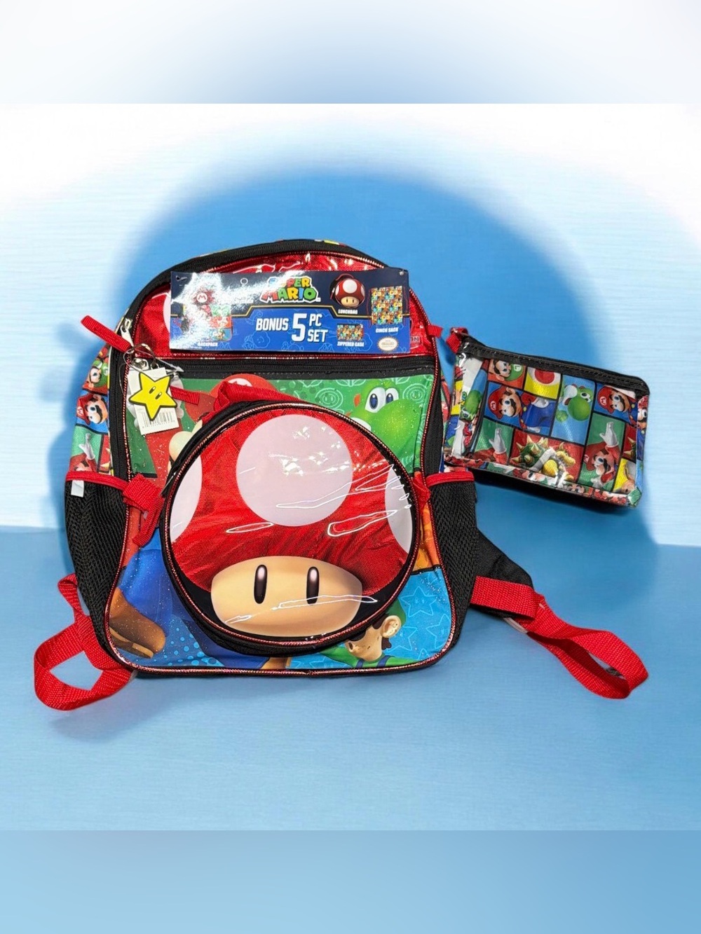 Nintendo Super Mario Bros 16" Backpack & Mushroom Lunch Bag 5 PC Set NWT
